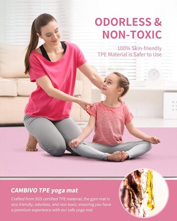 Килимок для йоги CAMBIVO XXL 183x122x0,6 см, товстий, нековзкий, TPE, з рушником, для фітнесу, пілатесу, тренувань, рожево-сірий
