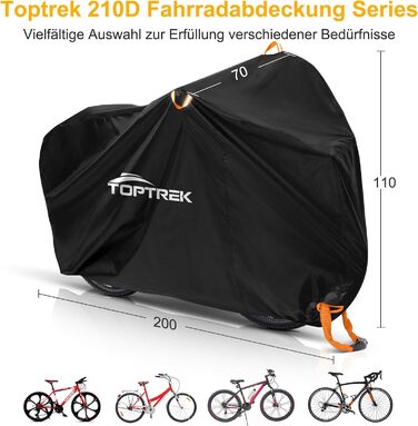 Водонепроникний чохол для велосипеда Toptrek 210D Oxford, 200 x 110 x 70 см, з кільцями для замка, захист від сонця, міцний, з сумкою