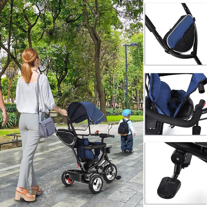 Триколісний велосипед 4 в 1 для дітей від 1 року з батьківською ручкою – дитячий триколіс для 1-4 роки до 25 кг, регульована батьківська ручка, поворотне сидіння, складна тентова система та кошик – компактний та безпечний (Темно-синій)