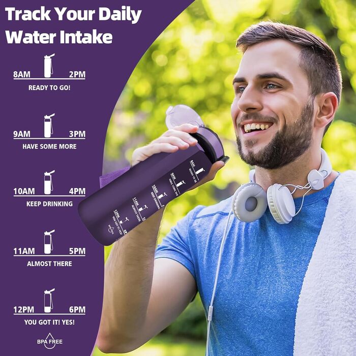 Спортивна пляшка для води Grsta 1,5 л, BPA Free, з фільтром і мітками часу, для газованої води, герметична, для спортзалу, школи, офісу та вулиці, темно-фіолетова
