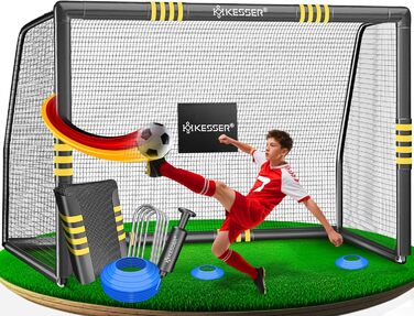 Ворота для футболу KESSER® для саду: міцні, для тренувань на вулиці, з UV-стійкою сіткою, сталевий каркас з покриттям, земляні кілки, насос, фішки, аксесуари для монтажу (240см, антрацит)