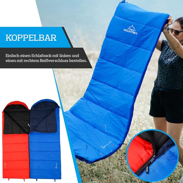 Спальний мішок MOUNTREX -5°C / 10°C для кемпінгу та відпочинку на природі. Дека-спальник 205 x 75 см, 3 сезони, легкий та теплий (1.6 кг). Підходить для чоловіків, жінок та дорослих. Можливість з'єднання блискавками (RV) - колір: блакитний.