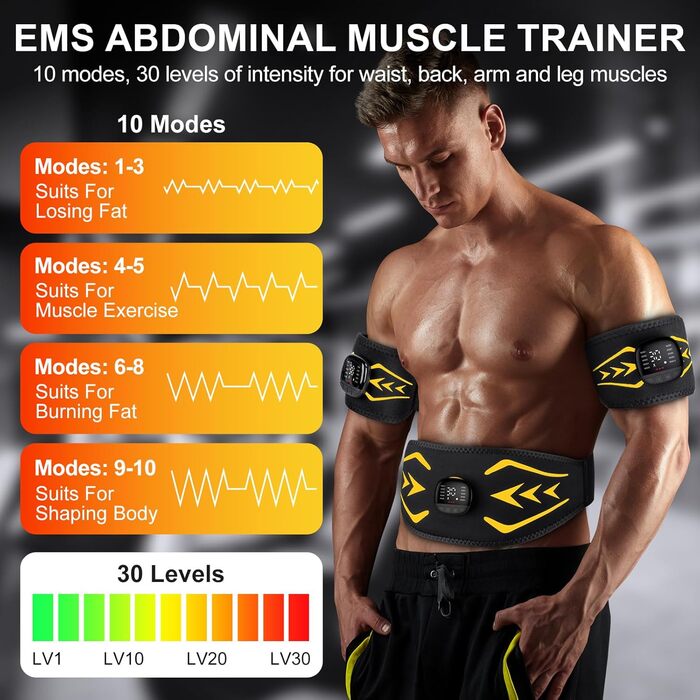 EMS тренажер для пресу Relassy: електричний, з 10 режимів та 30 інтенсивностей, USB, для живота, рук, ніг