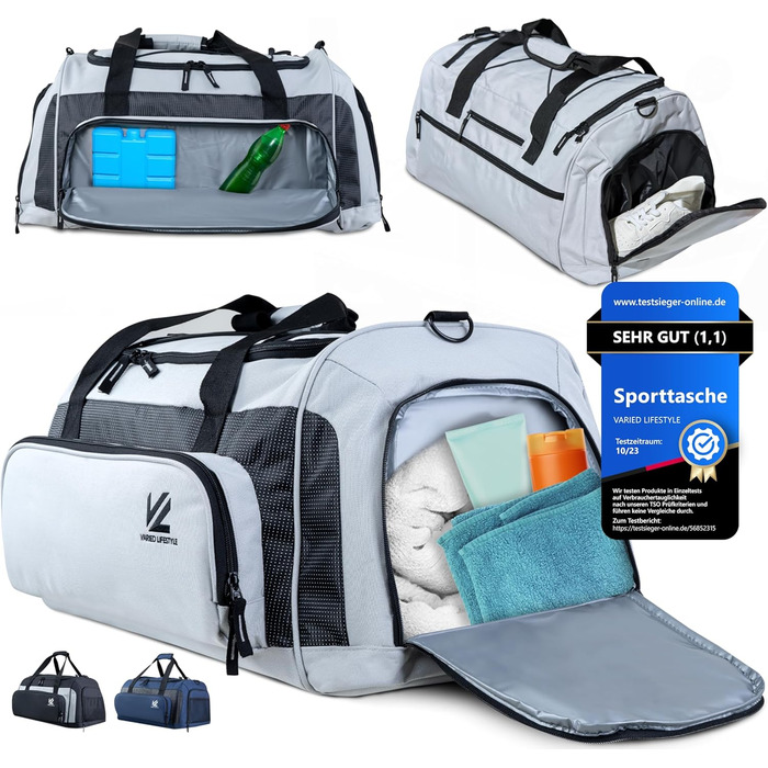 Спортивна сумка V® з відділенням для взуття, мокрою білизною та ізольованим холодильним відсіком. Сумка для сауни, подорожей, спортзалу, фітнесу, плавання. Чорний-сірий, чорно-сріблястий (XL, сріблясто-карбоновий)