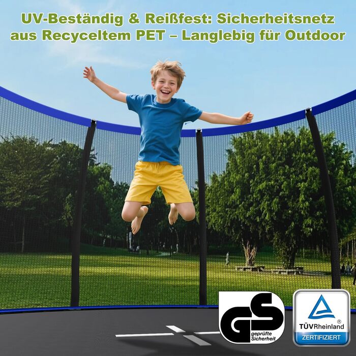 Трамплін Devoko Outdoor: Ø 228/305/366/427 см, сертифікат TÜV Rheinland GS, з сіткою безпеки, для саду, з драбиною та мішком для взуття, блакитний