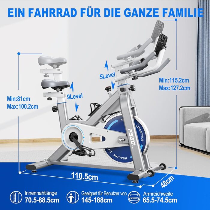Велотренажер FYSIQ Heimtrainer, 300 Вт, 150 кг, дисплей RPM, тримач для планшета, білий