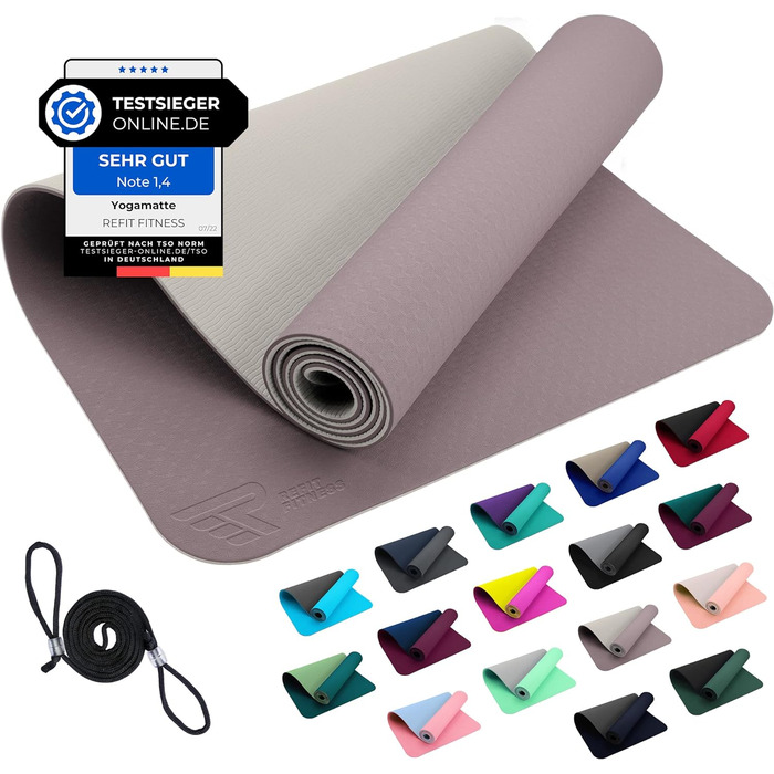 Килимок для йоги REFIT FITNESS Perfect-Fit 190 x 60 x 0,6 см з GeckoGrip та Sensi-Plus TPE. Нековзний, без шкідливих речовин + ремінь для перенесення. Підходить для гімнастики та спорту.