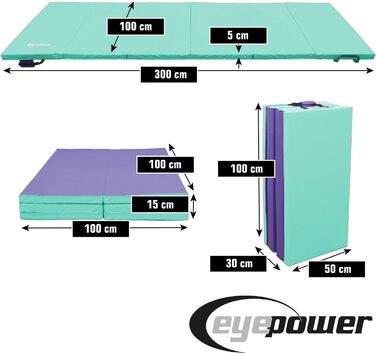 Складаний гімнастичний мат для дому eyepower 300x100 см, товщина 5 см, м'який мат для спорту, дитячий мат для фітнесу, йоги, складний, м'ятний/ліловий