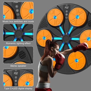 Музична боксерська машина Forhome з LED-підсвічуванням та рукавичками. 9 режимів швидкості, Bluetooth, великий розмір, для дому та спортзалу (чорний)