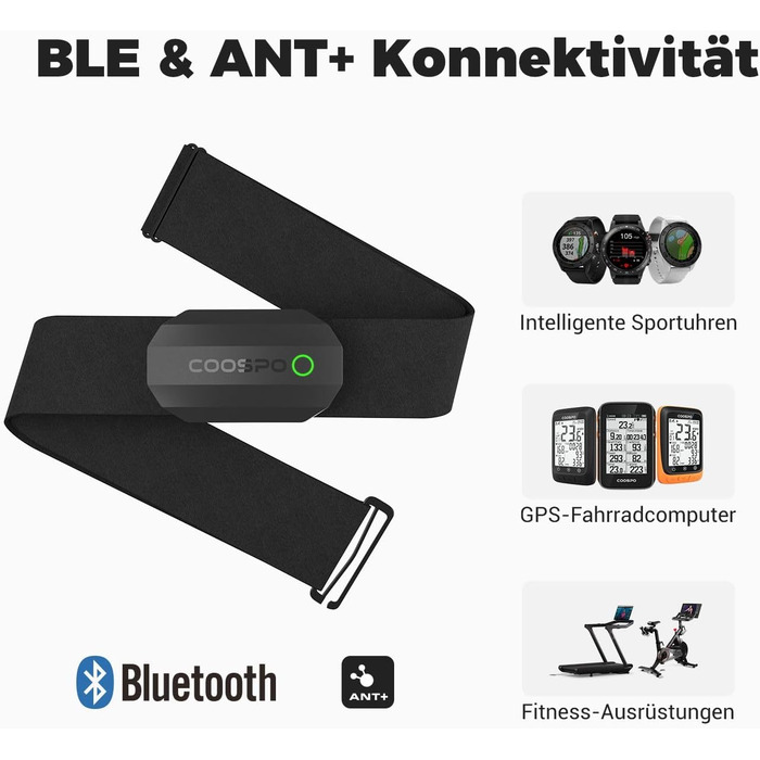 Пульсометр COOSPO H808S з нагрудним ременем ANT+/Bluetooth, HRM Premium, водонепроникний (IP67), сумісний з Polar, Wahoo, Garmin, Zwift, Strava