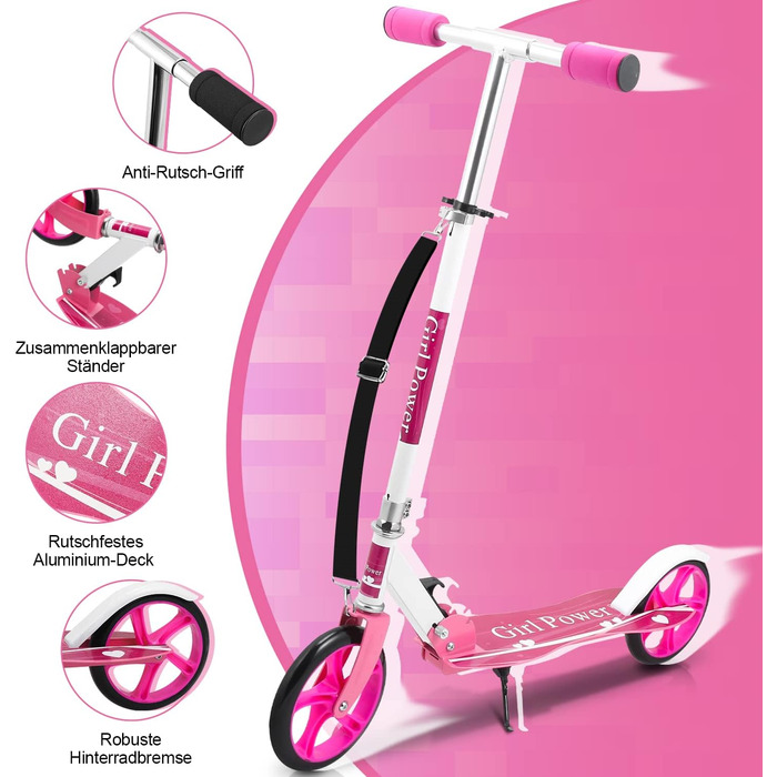 Дитячий самокат, алюмінієвий, 205 мм, складний, регулювання висоти, для дітей від 5 років, рожевий