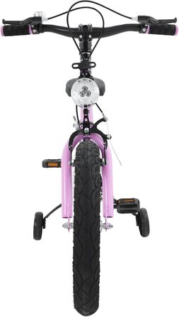 Дитячий велосипед 16 дюймів для хлопчиків та дівчаток, сталевий, 5-8 років, з бічними колесами та регулюванням висоти, рожевий + LED-ліхтар