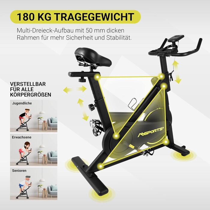 Преміум велотренажер MSPORTS Indoor Cycling Bike Black, 8 кг маховик, магнітний опір, Bluetooth, фітнес велоергометр для дому