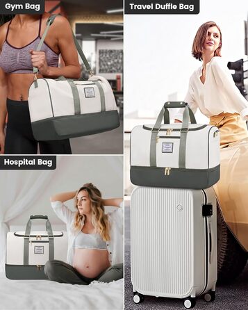 Сумка-валіза LOVEVOOK 37L для подорожей та спортзалу, водонепроникна, з відділенням для взуття та мокрих речей, зелено-бежева