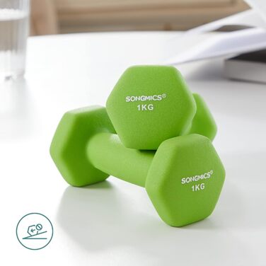 Набір гантелей SONGMICS 1/2/3 кг, 3 пари, нековзний неопрен, для фітнесу та силових тренувань, зі стійкою, зелений/бірюзовий/сірий