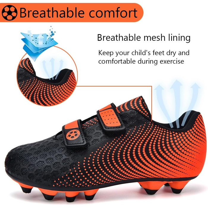 Дитячі футбольні бутси для хлопчиків та дівчаток. Низькі, для тренувань та занять спорту на відкритому повітрі. Розміри 28-37 EU, чорно-оранжеві.