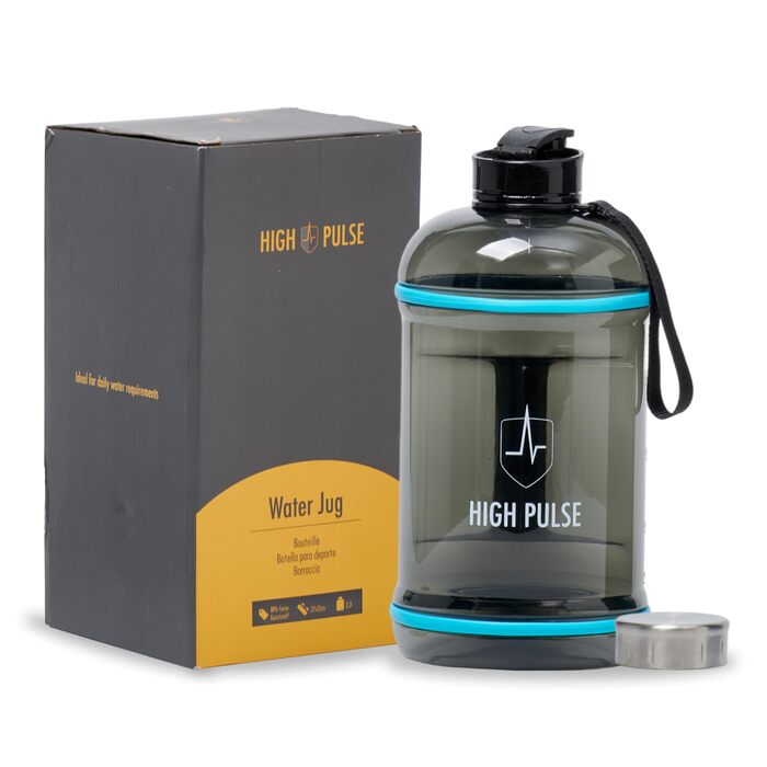 Водяний глечик High Pulse® з насадкою для пиття + кришка (2,2 л) – витокозахисна пляшка для фітнесу та силових тренувань – 100% BPA-free, підходить для газованої води, чорний