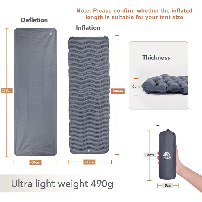Килимок для кемпінгу Unigear 500g, Ultralight, Надувний, для туризму та відпочинку на природі, з подушкою, армійного кольору