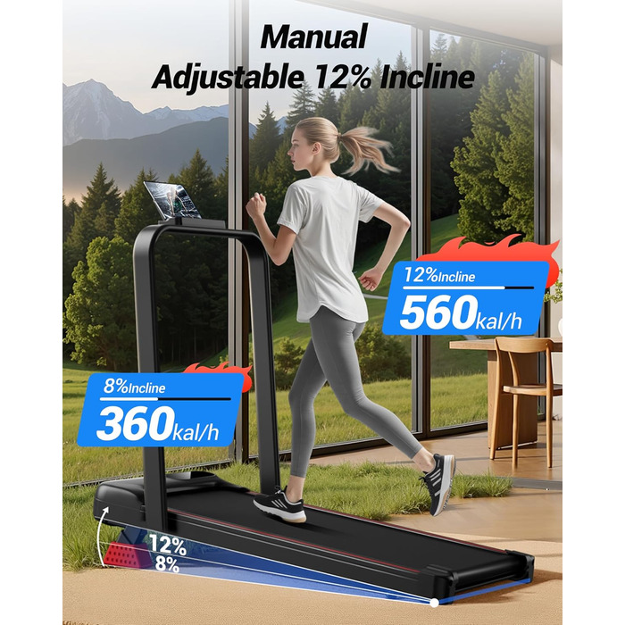 Біговий доріжка з ручкою – тихий, складаний біговий доріжка 2.5 PS для дому, офісу, під стіл, портативна тренувальна зона з нахилом 8%, вантажопідйомність 136 кг