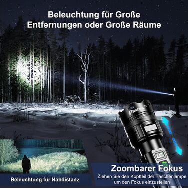 Тактичний ліхтарик Phixter з LED, 100000 люменів, 1 режим, Zoom, USB-C, для активного відпочинку та безпеки