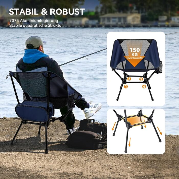 Складний туристичний стільчик Hochlehner з підголівником, 150 кг, ультралегкий, портативний, з кишенями та сумкою для кемпінгу, пляжу, відпочинку на природі та піших прогулянок (Indigoblau)
