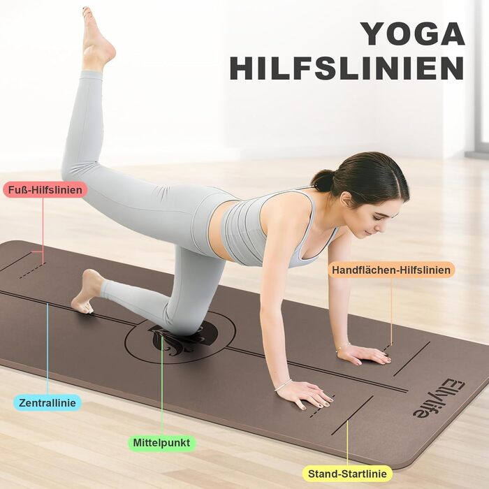 Килимок для йоги та пілатеса з еко-каучуку та TPE, протиковзкий, з лініями розмітки та ременем для перенесення, коричневий, 4мм