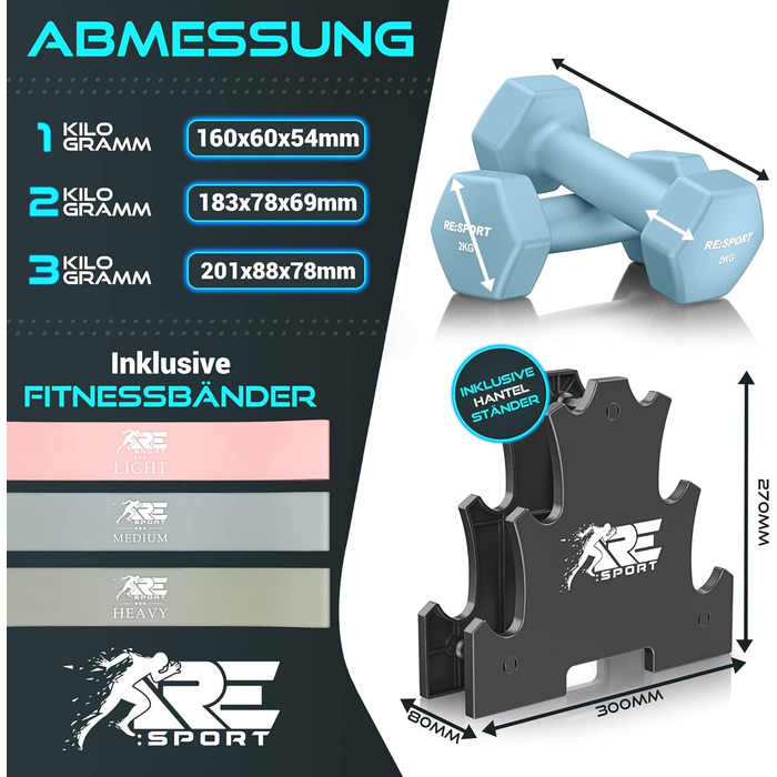 Набір гантелей 3 пари (1-5 кг, 12 кг або 18 кг) зі стійкою та 3 фітнес-гумками | Нековзкі гантелі з неопрену для жінок та чоловіків | Набір гантелей рожевого, блакитного та небесно-блакитного кольорів 12 кг