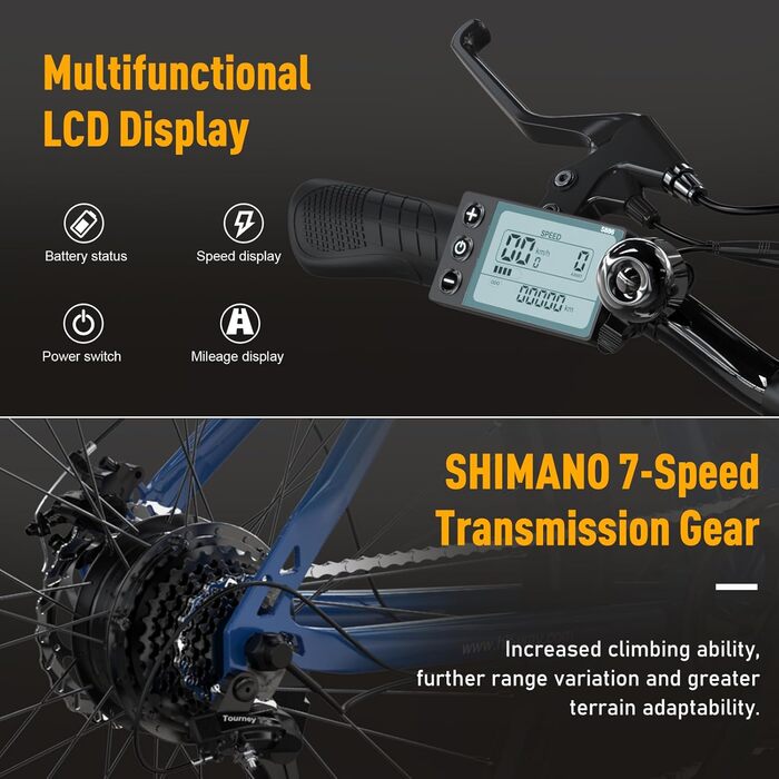 Електровелосипед HITWAY 26'' для міста і бездоріжжя, 250W мотор, 36V 12Ah знімна батарея, 7 швидкостей, пробіг до 90 км, сертифікат StVZO