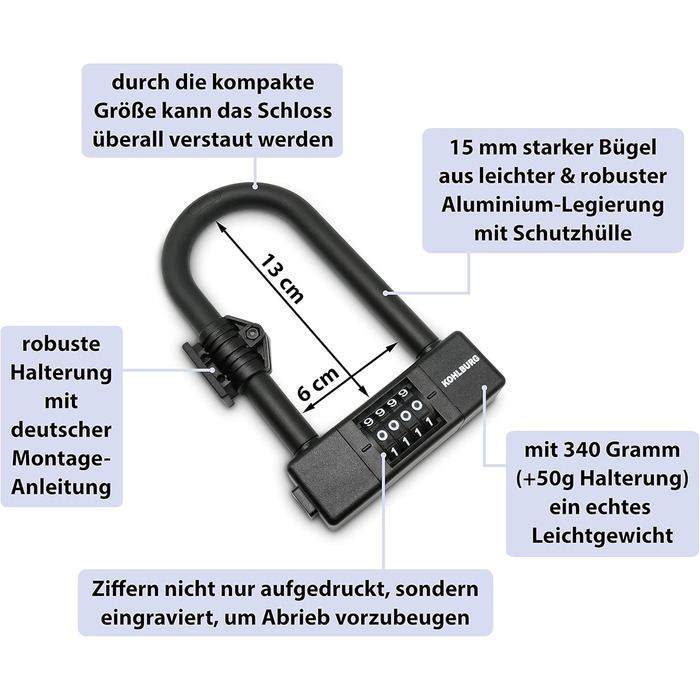 Замбік на колісницю KOHLBURG Bügelschloss з цифровим кодом - надійний замок 11 мм для велосипеда, електровелосипеда та шосе