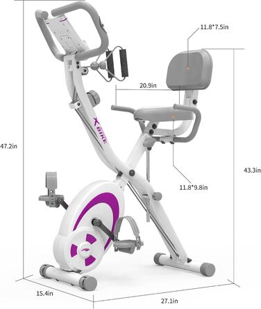 Велотренажер Leike Fitness складаний для дому, фітнес-велосипед з 12 рівнями опору, пульсометром, гумовими еспандерами, для кардіо (фіолетовий)