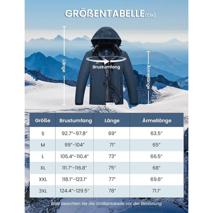 Куртка Rdruko для чоловіків: зимова, для сноуборду, тепла флісова, водонепроникна, функціональна, з капюшоном, біла (M, Denim Blue)