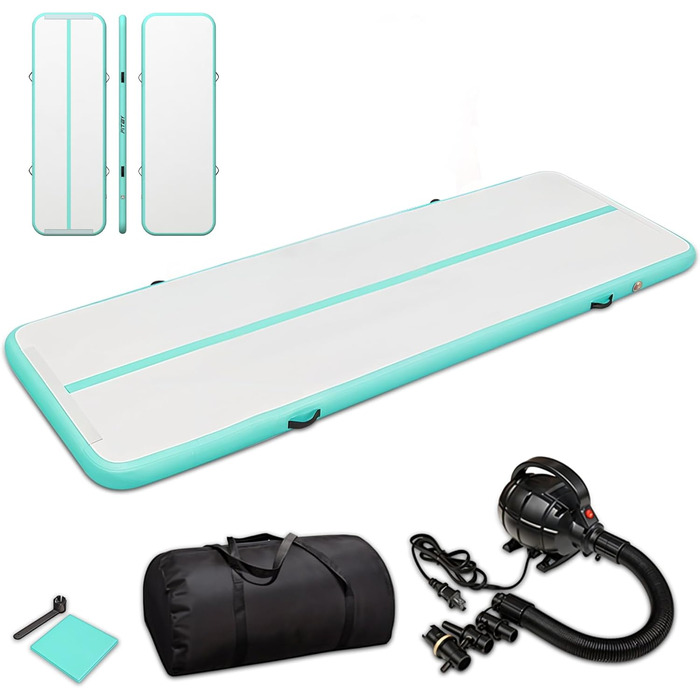 Гімнастичний надувний мат Airtrack 3м – для дітей та дорослих – з електричним насосом, для йоги та фітнесу, білий/бірюзовий