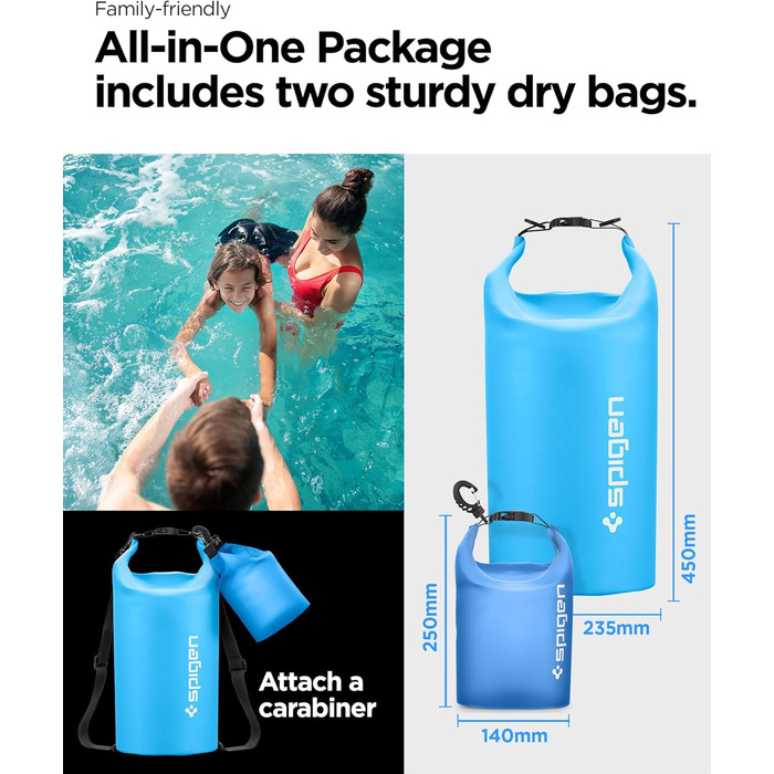 Набір водонепроникних сумок Spigen Dry Bag Set [Aqua Shield] 20L+21L для пляжу, плавання, кемпінгу, каякінгу та човнів (Морська блакить)