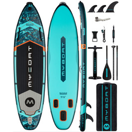 Надувне SUP-борд MYBOAT 30,5 x 86,4 x 15,2 см для риболовлі та відпочинку, з аксесуарами: 3 фінки, двосторонні еластичні шнури, кріплення для камери, ручна помпа, весло, водонепроникний мішок 5 л, мотузка