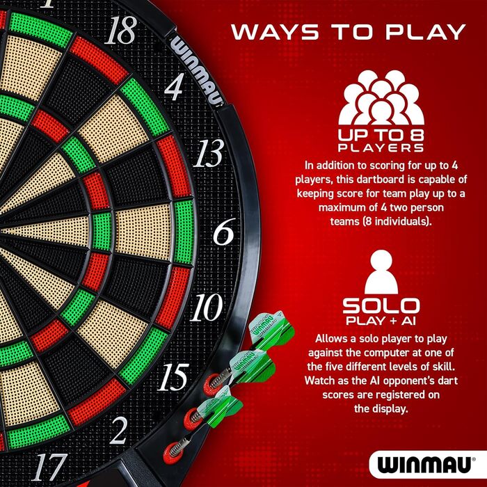 Електронна дартс-мішень Winmau Ton Machine, софт-тип, комплект з 90+ іграми, цифровим дисплеєм для 8 гравців, 2 дротики, лінія кидка, 10 пластикових наконечників