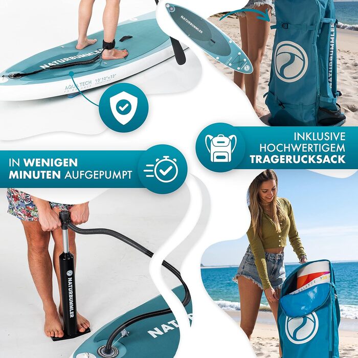 Надувна SUP-дошка Naturbummler 330x81x15 см, комплект для початківців і досвідчених, CO2-нейтральна, туркізова, німецький бренд