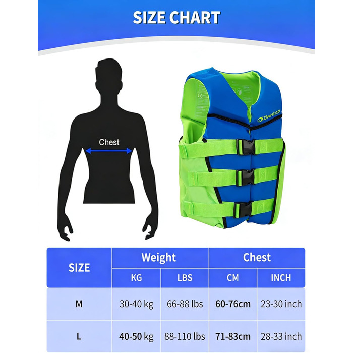 Owntop Світлова жилетка для дітей та підлітків, регульована, з трьохточковим ременем безпеки, легка, для каякінгу, плавання, риболовлі та снорклінгу (Блакитна, M)
