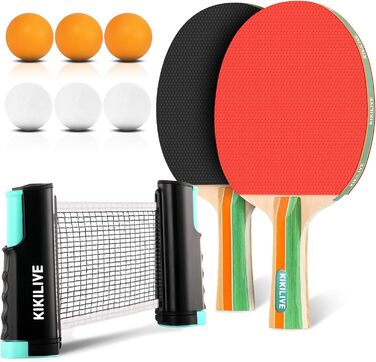 Набір для пінг-понгу для 2 гравців – 2 ракетки, сітка, 6 м'ячів. Підходить для гри в приміщенні та на вулиці. Кольори: блакитний/зелений (чорний/червоний)