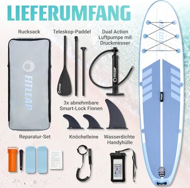 Надувний SUP Борд Fitleap Premium Stand Up Paddle Board - Комплект з насосом, веслом та рюкзаком. Підходить для йоги, серфінгу та водних видів спорту. Для 1 особи.