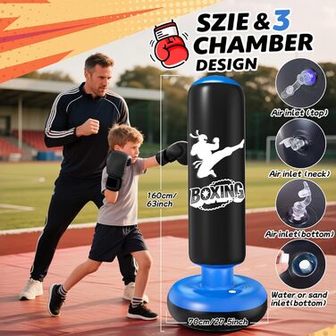 Дитячий боксерський мішок Ninonly з рукавичками, 160 см, посилений PVC, для карате, таеквондо, чорний та синій