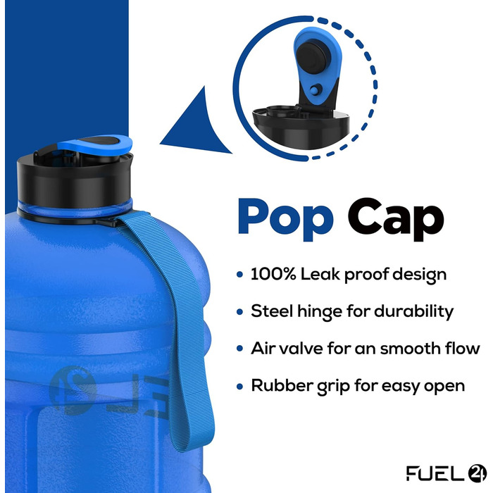 Спортивна пляшка для води Fuel24 Jug 2,2 л з поп-ап кришкою та ручкою, BPA-free, синя