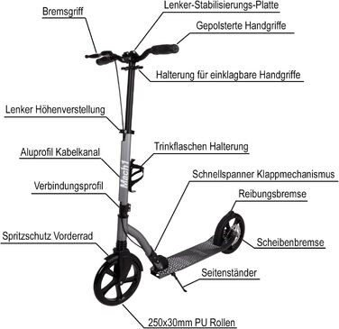 Самокат Mach1 ALU City Roller складаний, колеса 145-250 мм, для дорослих і дітей, алюмінієвий, великі колеса XXL