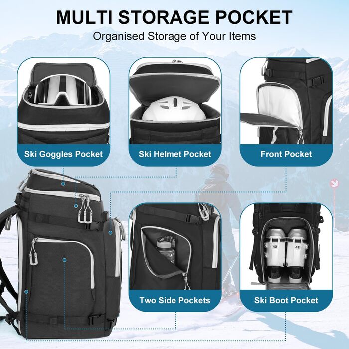 Чохол для лижних черевиків з відділенням для шолома, 65L туристичний рюкзак для лиж, водонепроникний мішок для лиж, сноуборду, лижного спорядження (чорний)