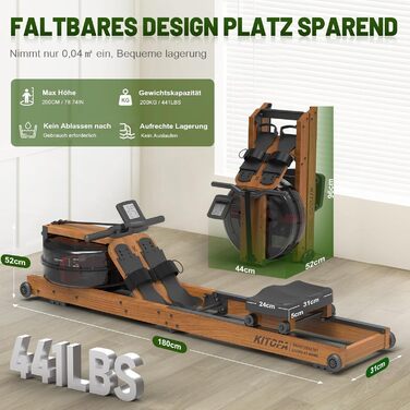 Гребний тренажер Kitopa з водою, дерев'яний, для дому, складаний, з Kinomap (30 днів), максимальна висота користувача 2м, вага до 160кг, Bluetooth, дисплей, регульований тримач для телефону, коричневий