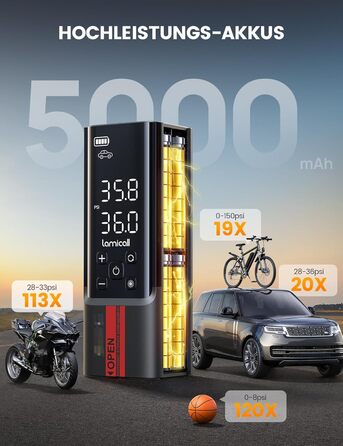 Електрична повітряна помпа Lamicall з акумулятором для велосипеда, авто, мото - 150 PSI, компресор з цифровим манометром та Powerbank, 5000mAh з металевим циліндром