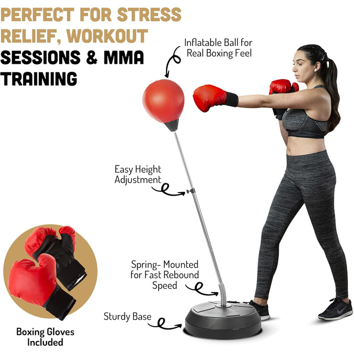 Боксерський мішок зі стійкою, для підлітків та дорослих - регульована висота, мішок для швидкості, боксерське обладнання, зняття стресу та фітнесу