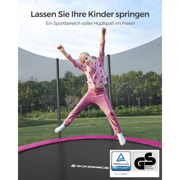 Трамплін SONGMICS Outdoor Ø 183/244/305/366/427 см, круглий, для саду, дитячий з захисним покриттям, з сіткою безпеки, з драбиною та м'якими стійками (305 см, Рожевий)