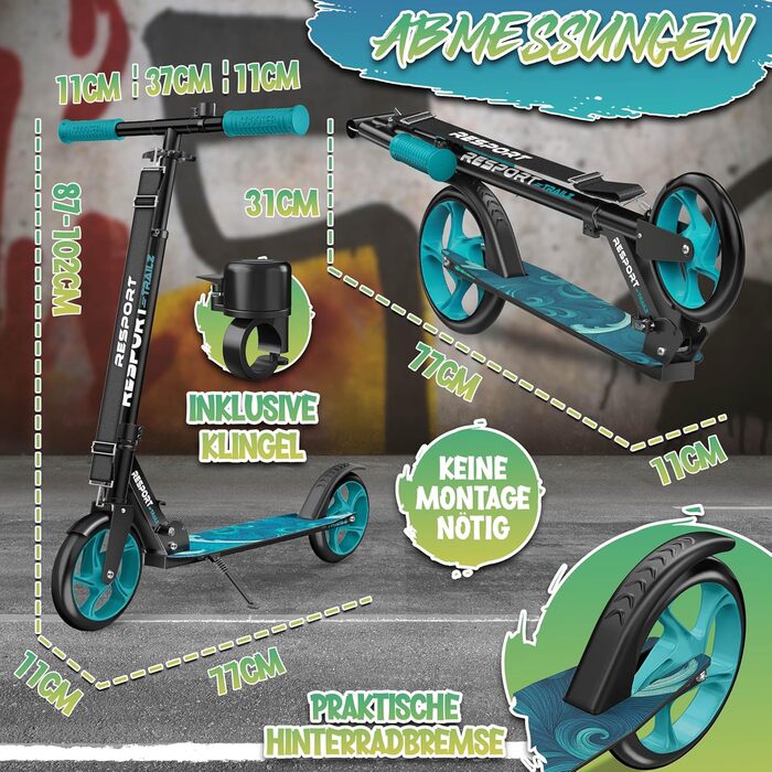 Дитячий та дорослий трюковий самокат Cityroller з дзвінком та ременем | Регульована висота, складаний, до 100 кг | Великі колеса, Kickscooter, турквіс