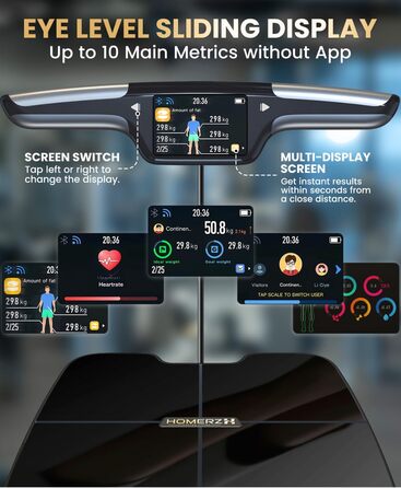 Розумні ваги Homerz Smart Scale Pro: біометричний аналізатор складу тіла з WiFi та Bluetooth, вимірювання ІМТ, жиру та м'язів, чорний, Large