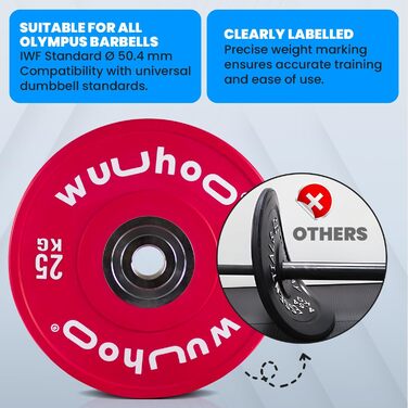 wuuhoo® Pro Competition Bumper Plates Zane – Преміальні олімпійські бамперні диски 50 мм для професійних тренувань, вулканізована сталева втулка